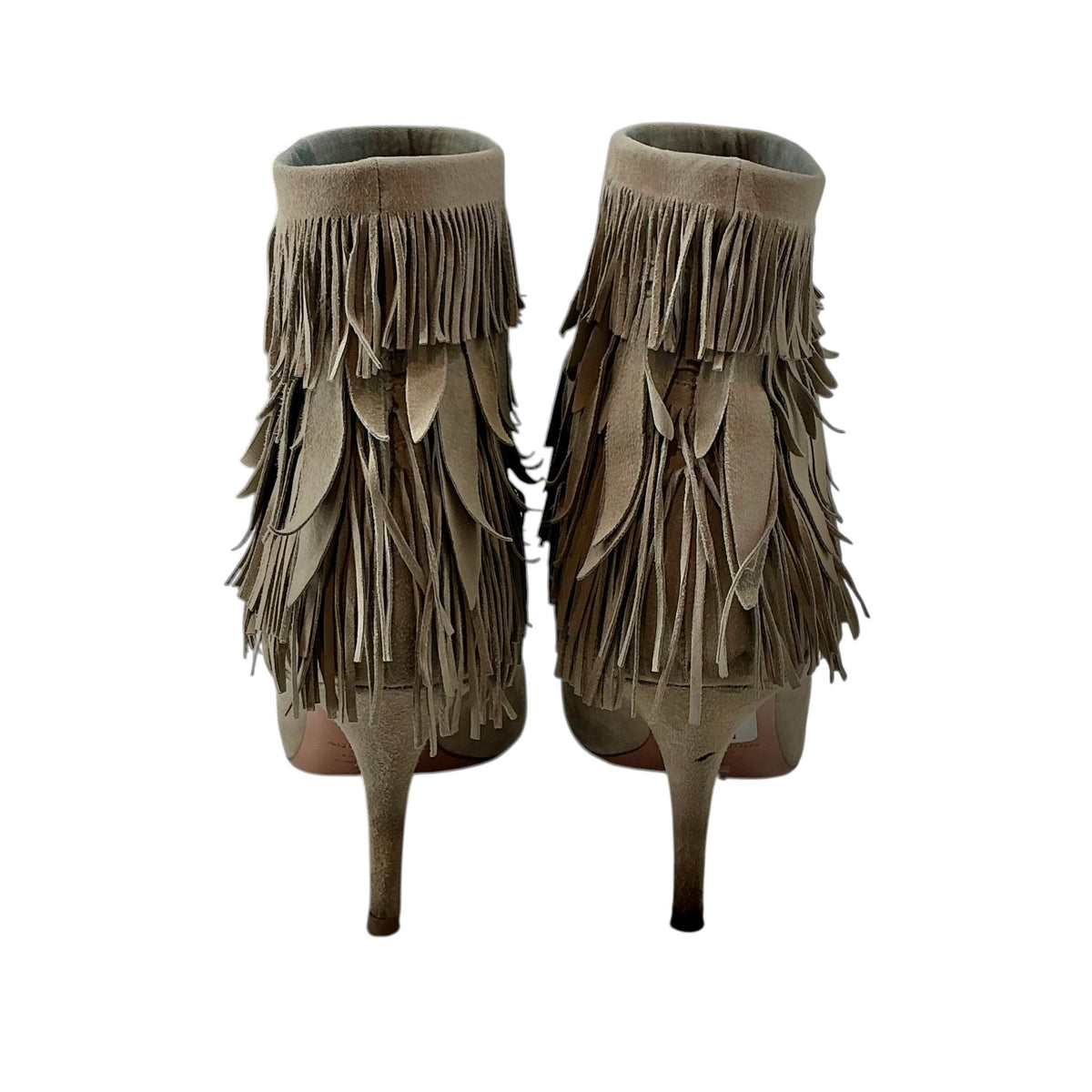 Aquazzura Sasha Tiered Leaf Fringe Suede Stiletto Booties Size