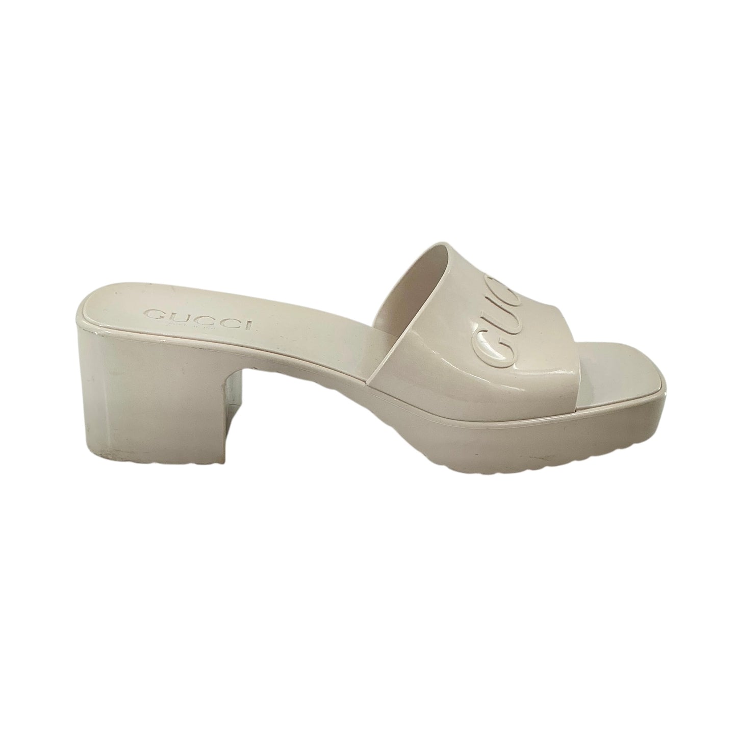 Gucci White Rubber Platform Logo Block Heel Slide Sandals