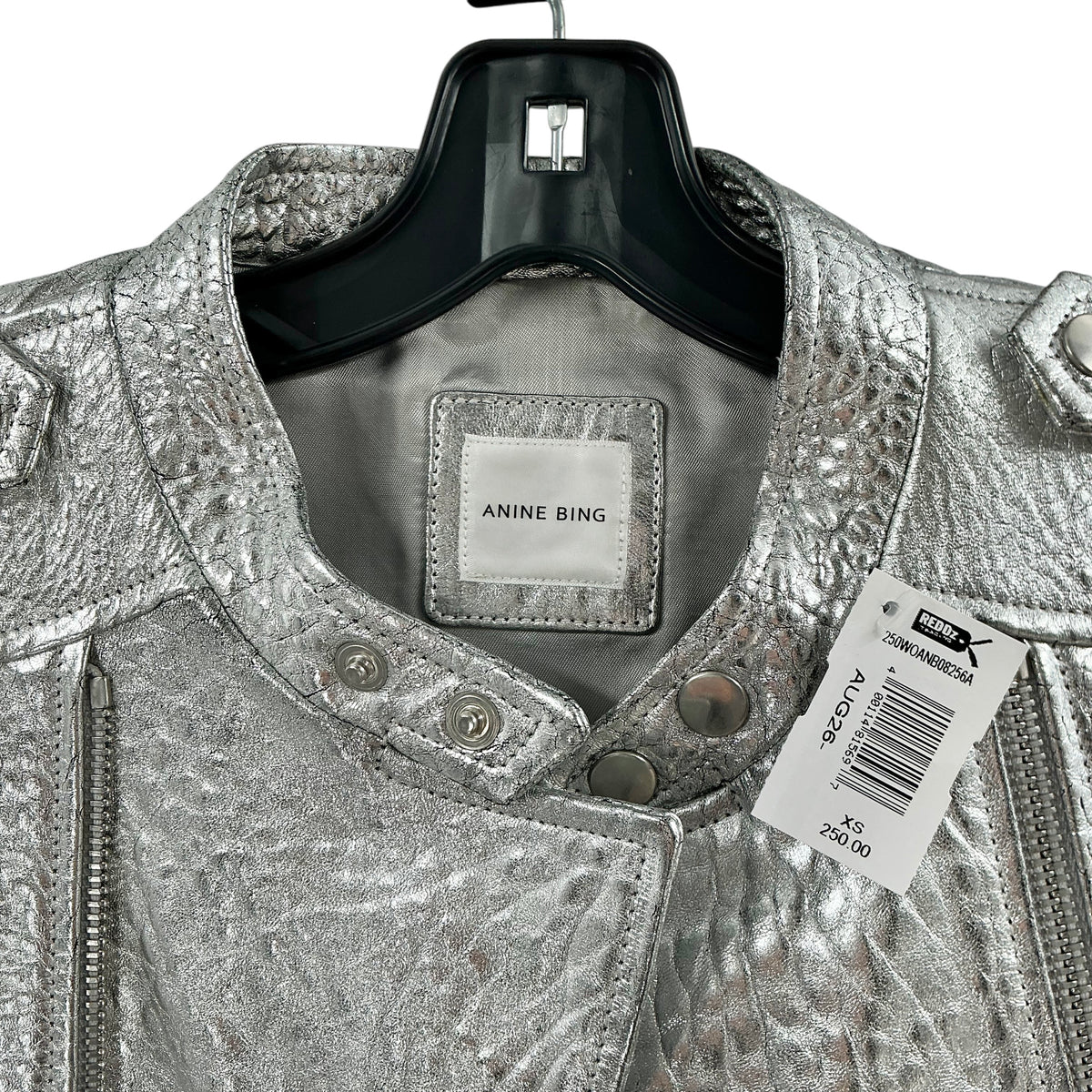ANINE BING Metallic Silver Crinkled Leather Moto Jacket