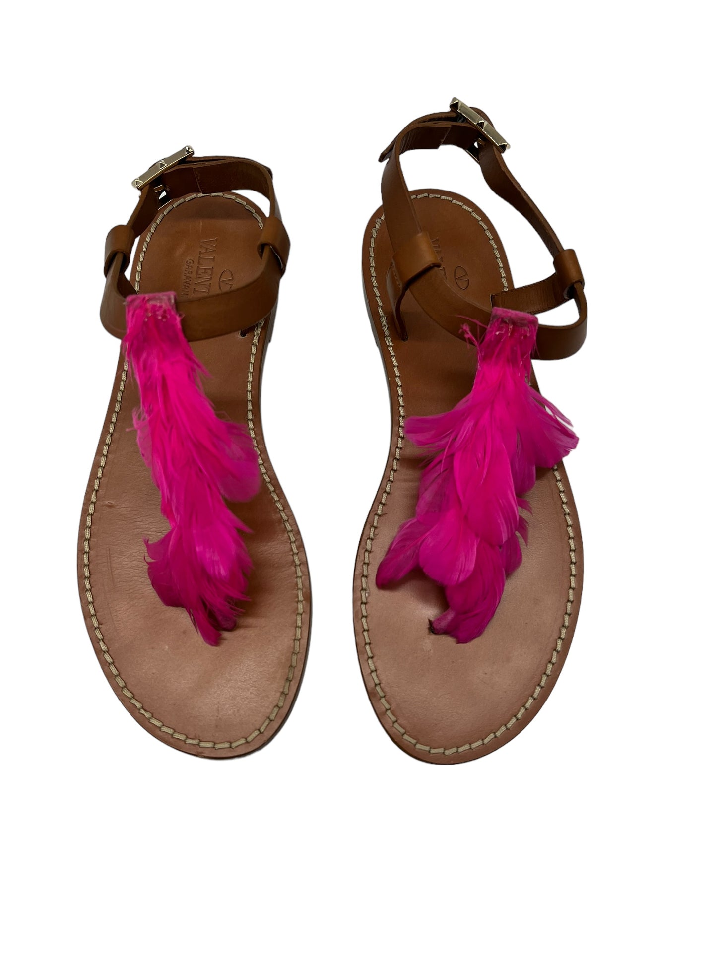 Valentino Brown Leather Slingback Sandals w Hot pink feathers