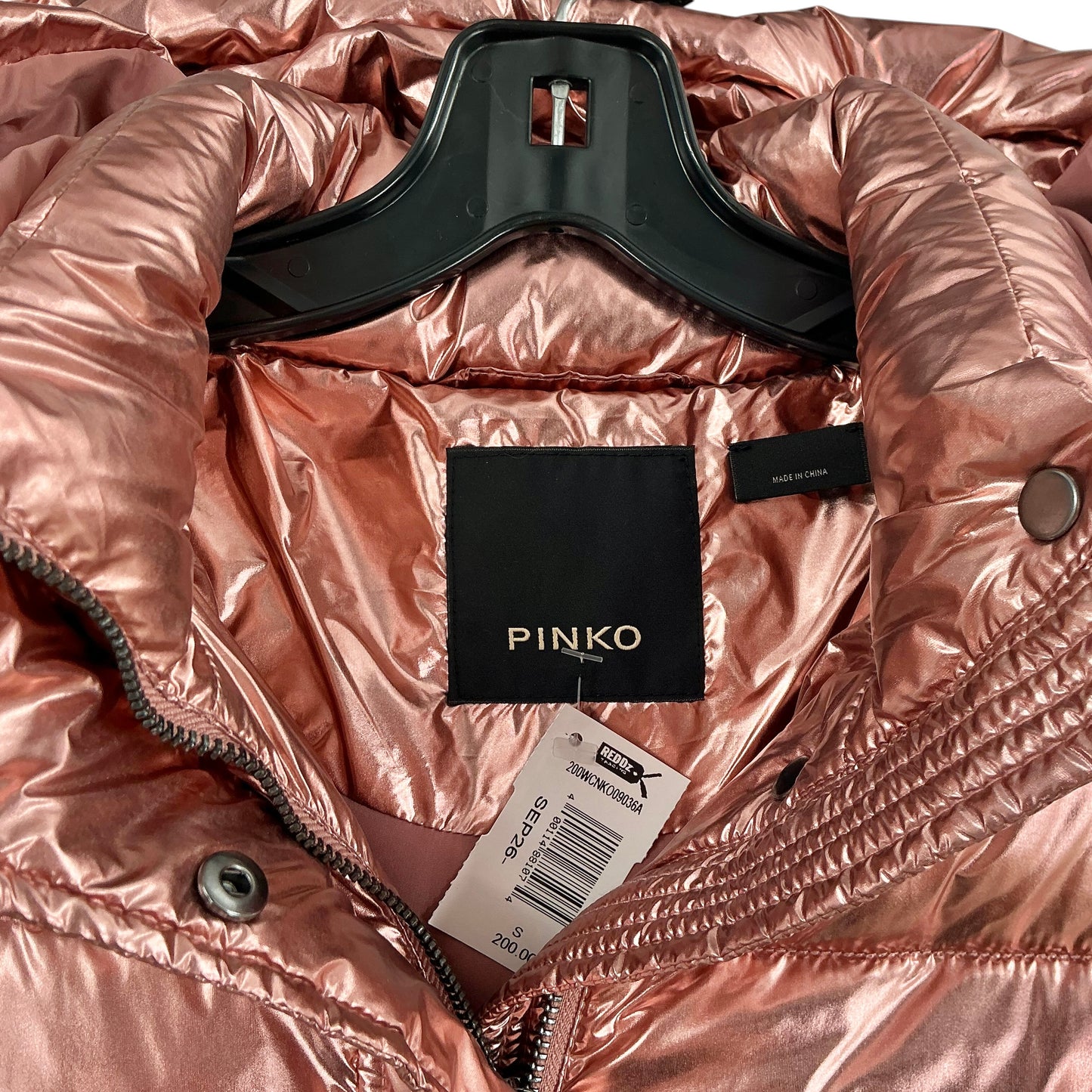 PINKO Metallic Rose Gold Longline Hooded Puffer Coat Jacket