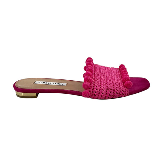 Aquazzura Woven Pom Pom Slide Sandals