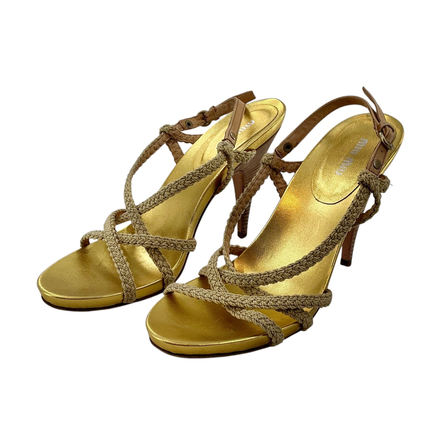 Miu Miu Gold Braided Leather Slingback Sandals