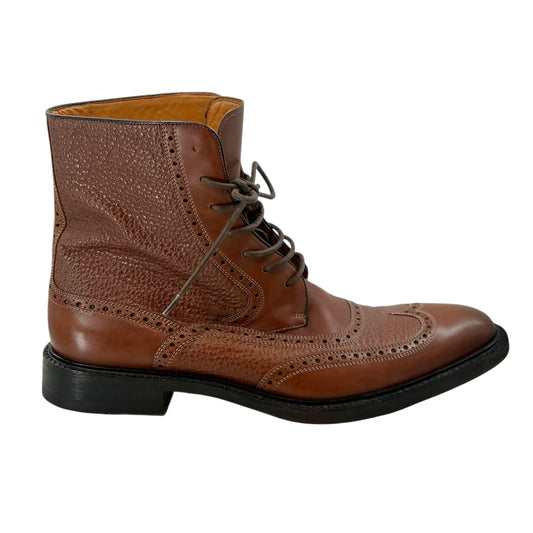 Gucci Men's Tan Brown Pebble Grain Mixed Leather Wingtip Brogue Oxford Lace Up Boots