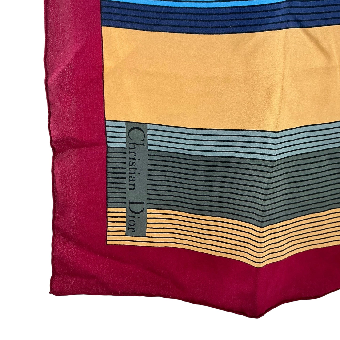 Christian Dior Vintage Silk Scarf Graphic Chevron Waves Burgundy Blue Gold