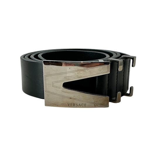 VERSACE Classic Black Leather Belt with Silver V-Logo Buckle