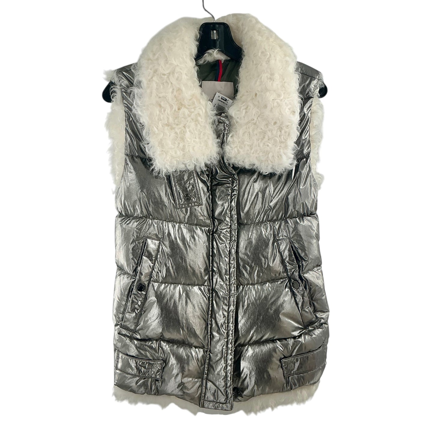 Moncler Kerria Metallic Silver Puffer Vest Down Gilet Shearling Trim