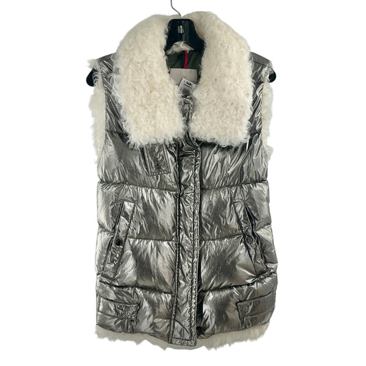 Moncler Kerria Metallic Silver Puffer Vest Down Gilet Shearling Trim