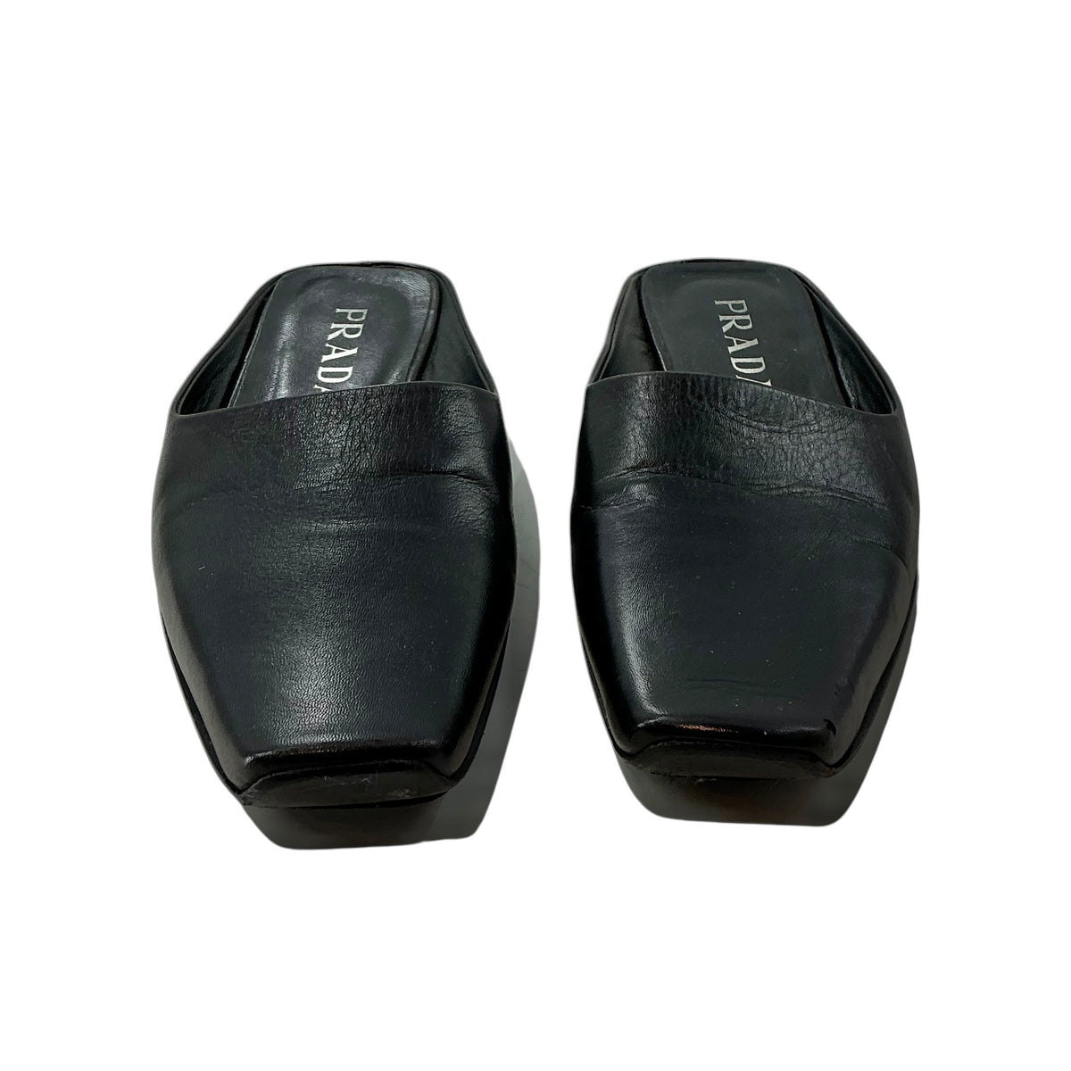 PRADA Black Leather Square Toe Flat Mules Slides