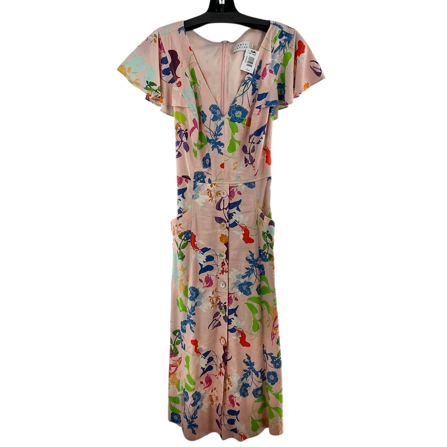 Tanya Taylor Linen Blend V-Neck Multi Floral Midi Pocket Dress