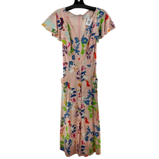 Tanya Taylor Linen Blend V-Neck Multi Floral Midi Pocket Dress