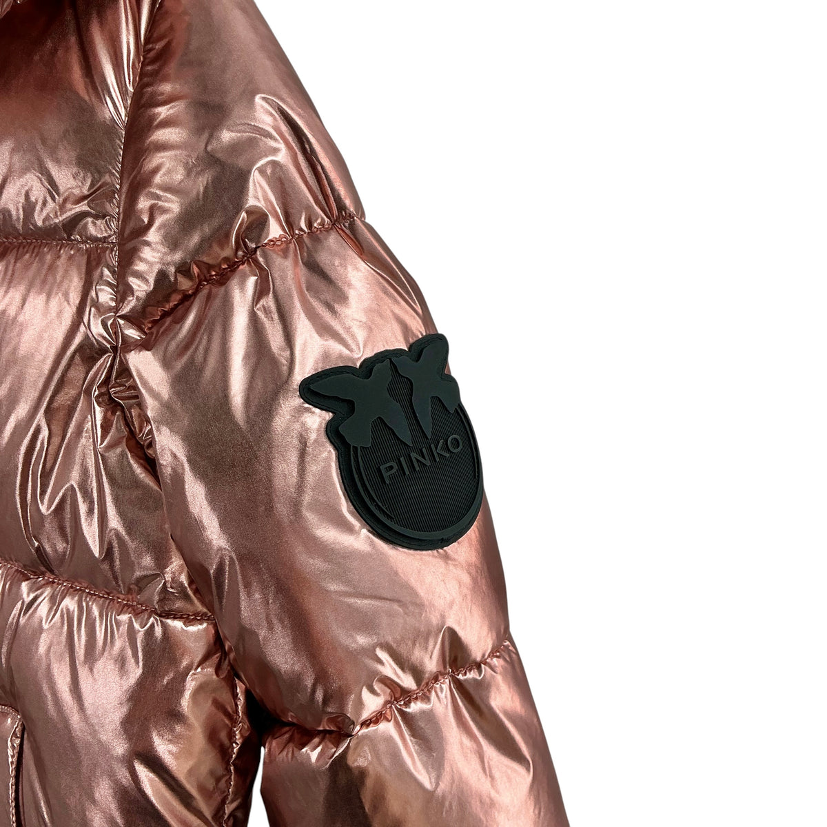 PINKO Metallic Rose Gold Longline Hooded Puffer Coat Jacket
