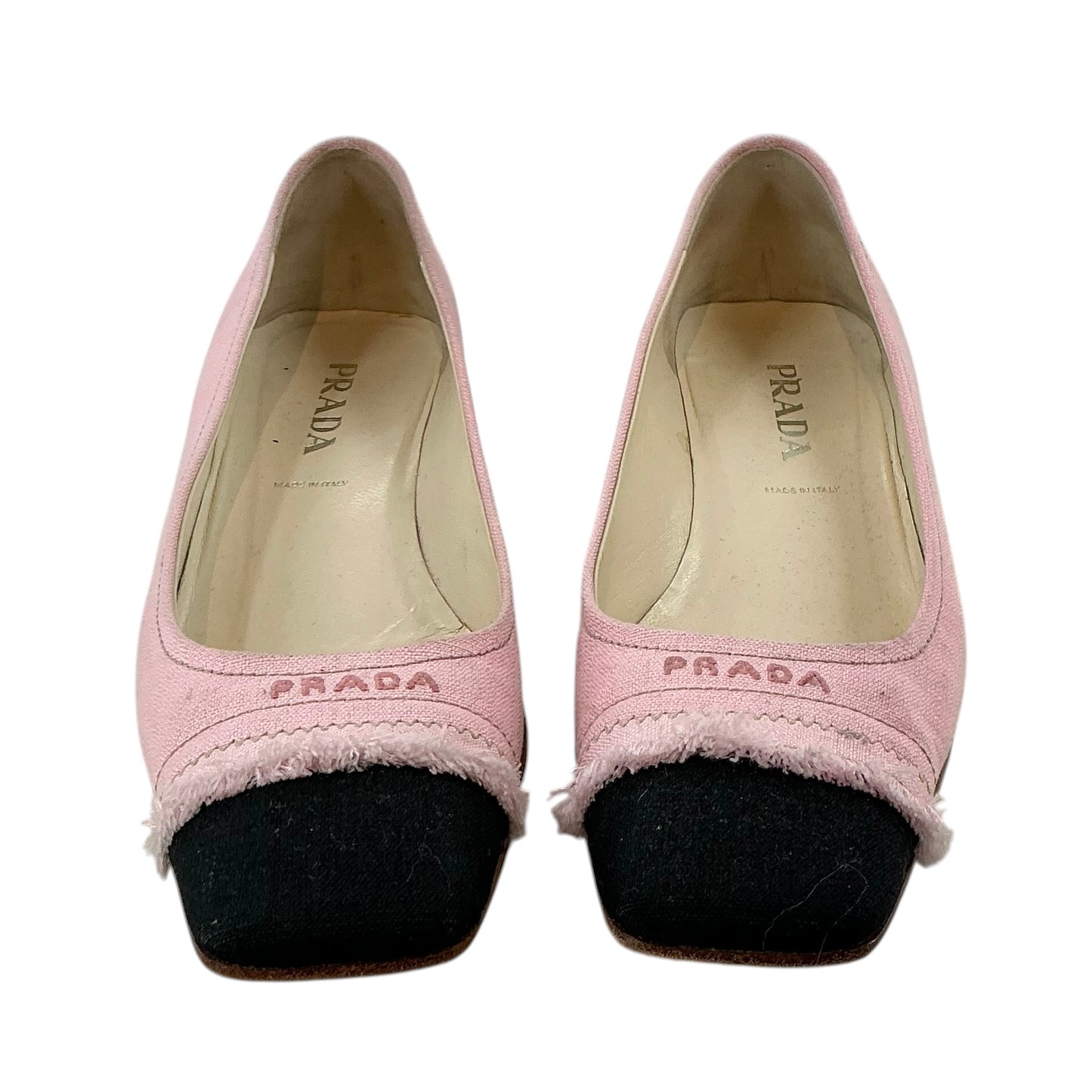 Prada Vintage Pink Canvas Fringed Cap-Toe Kitten Heels