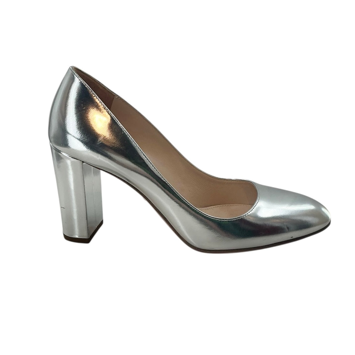 Prada Metallic Silver Block Heel Pumps
