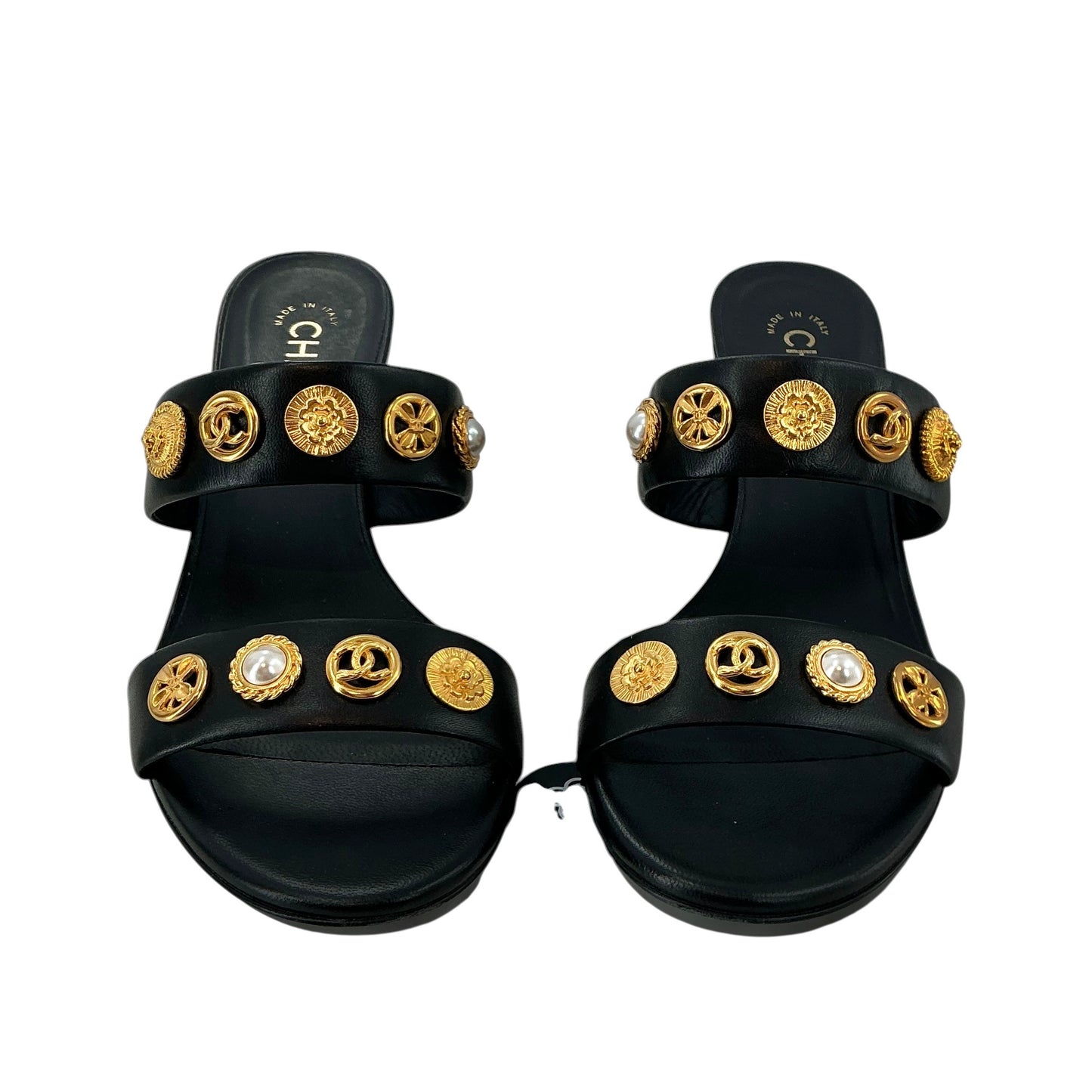Chanel Embellished Leather Button Slide Sandals