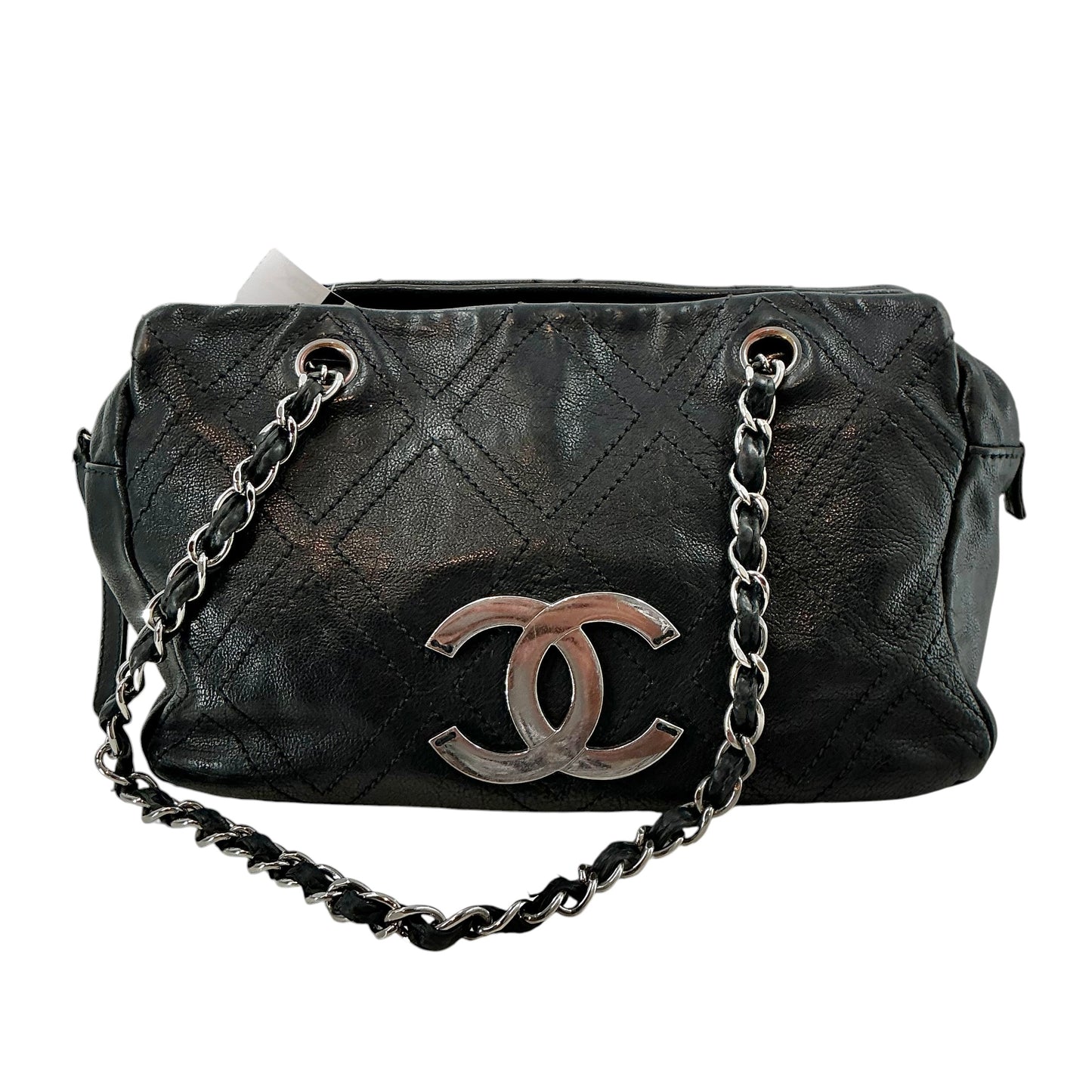Chanel Vintage Black Quilted Leather Large CC Diamond Stitch Shoulder Bag