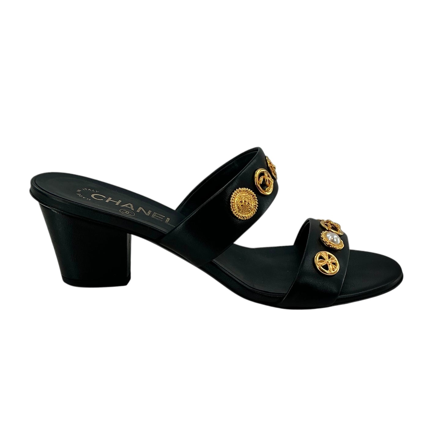 Chanel Embellished Leather Button Slide Sandals