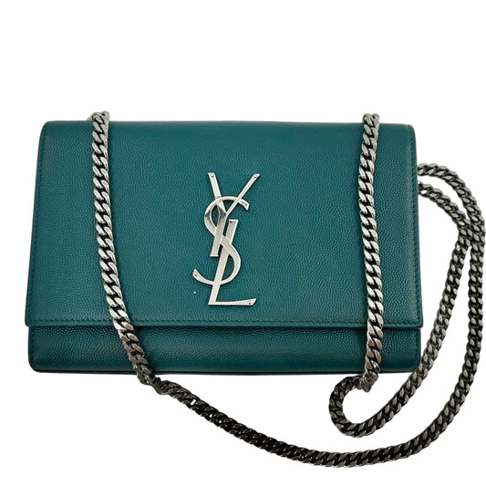 Saint Laurent (YSL) Medium Kate Chain Bag in Teal/Emerald Grain de Poudre Leather with Silver Hardware