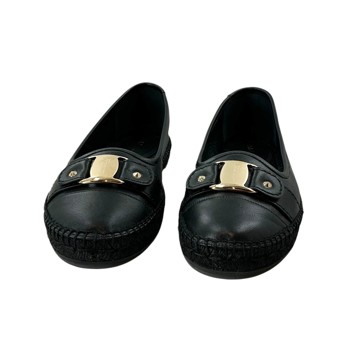 Ferragamo Kacy Black Leather Vara Buckle Espadrille Flats
