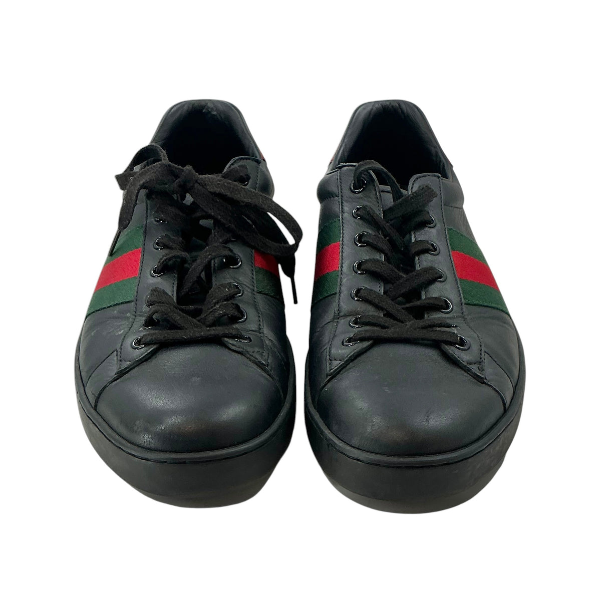 Gucci Ace Black Leather Sneakers Low Top Web Stripe