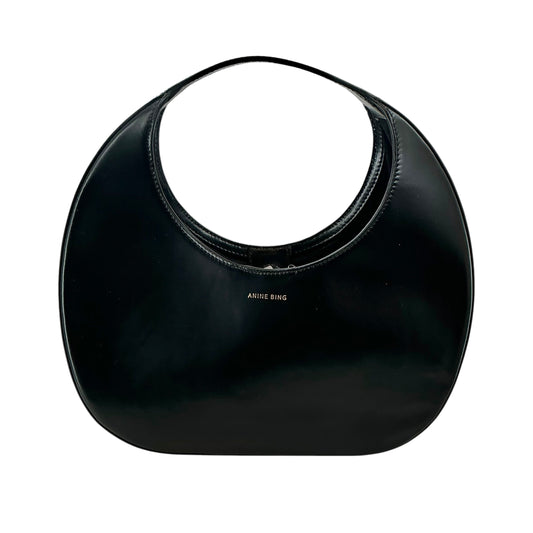 ANINE BING Luna Crescent Shoulder Bag in High-Shine Black Leather