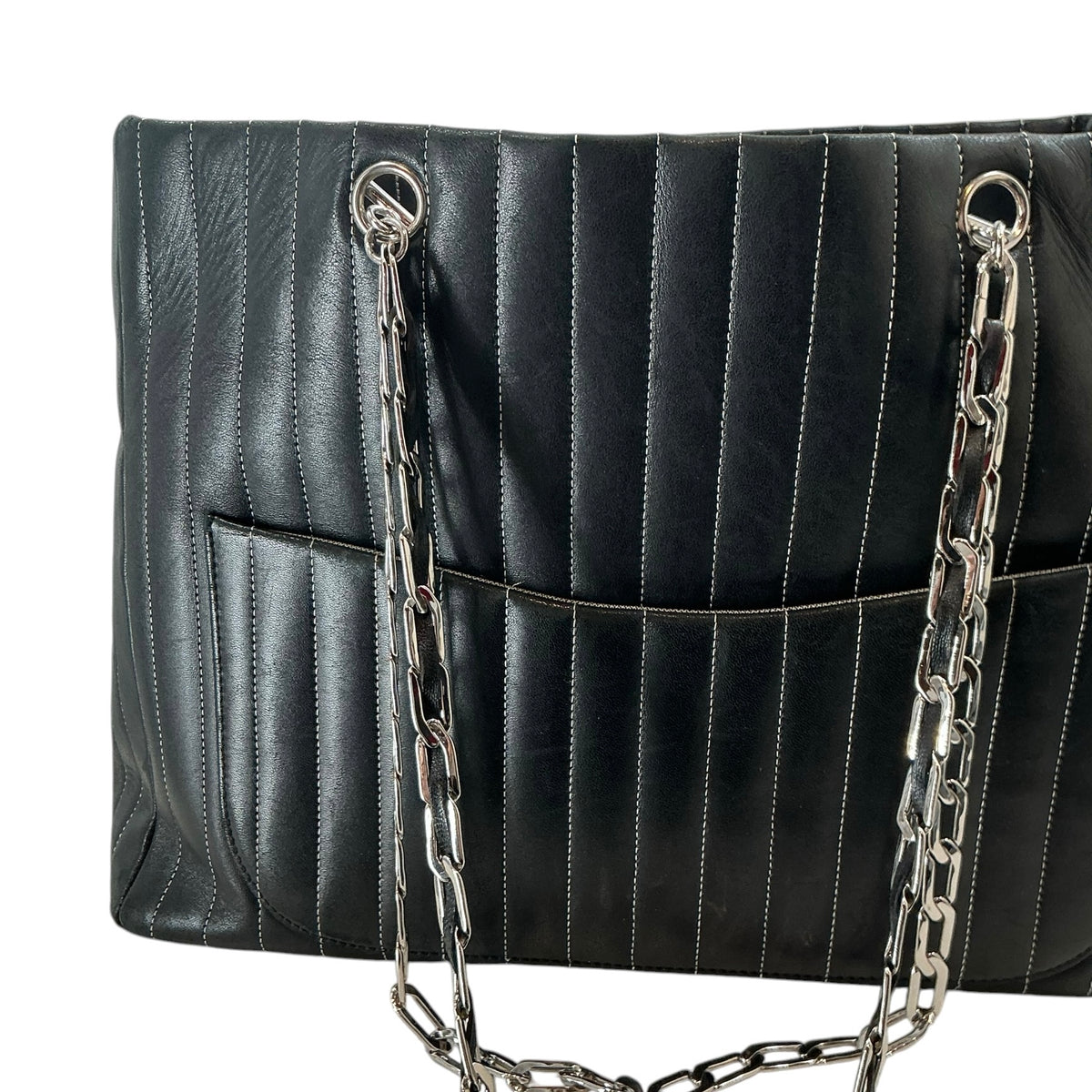 Vintage Chanel Black Lambskin Vertical Quilted Mademoiselle Large Ligne Tote Bag