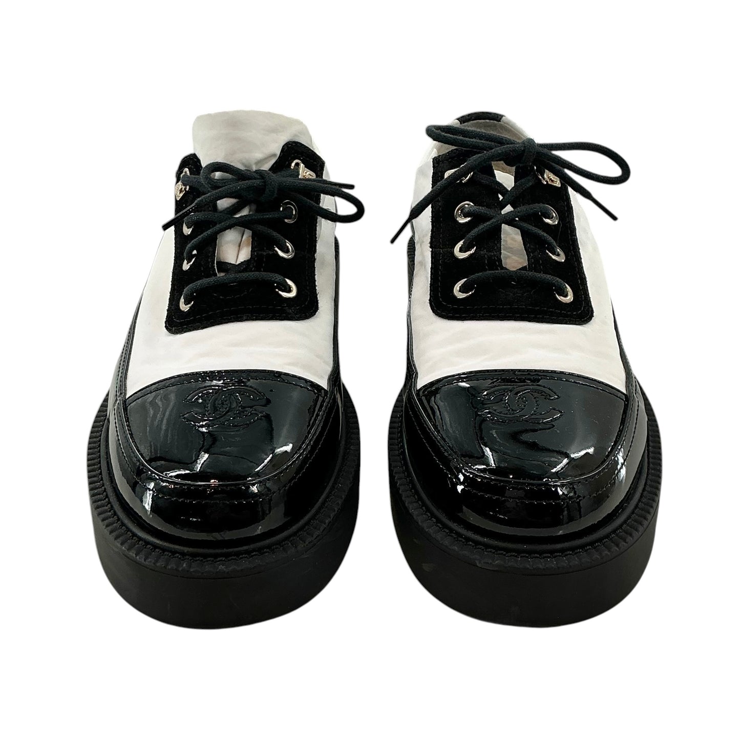 Chanel Black & White Patent Leather Platform Oxford Sneakers