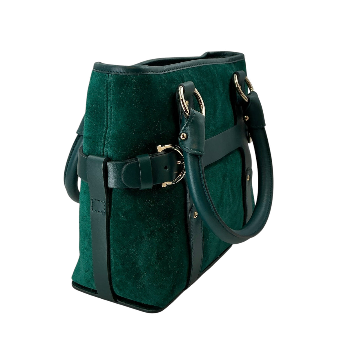Salvatore Ferragamo Hunter Green Suede & Leather Gancini Top Handle Bag