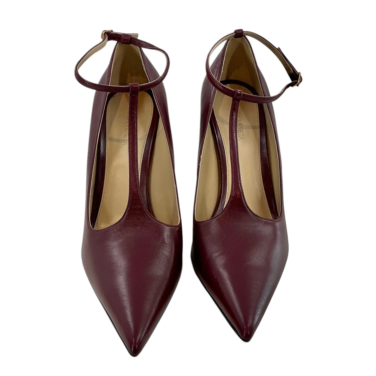 Bottega Veneta Punta T-Bar Wedge Pumps Burgundy Gold Metallic Heel