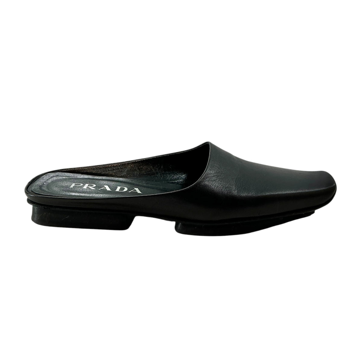 PRADA Black Leather Square Toe Flat Mules Slides