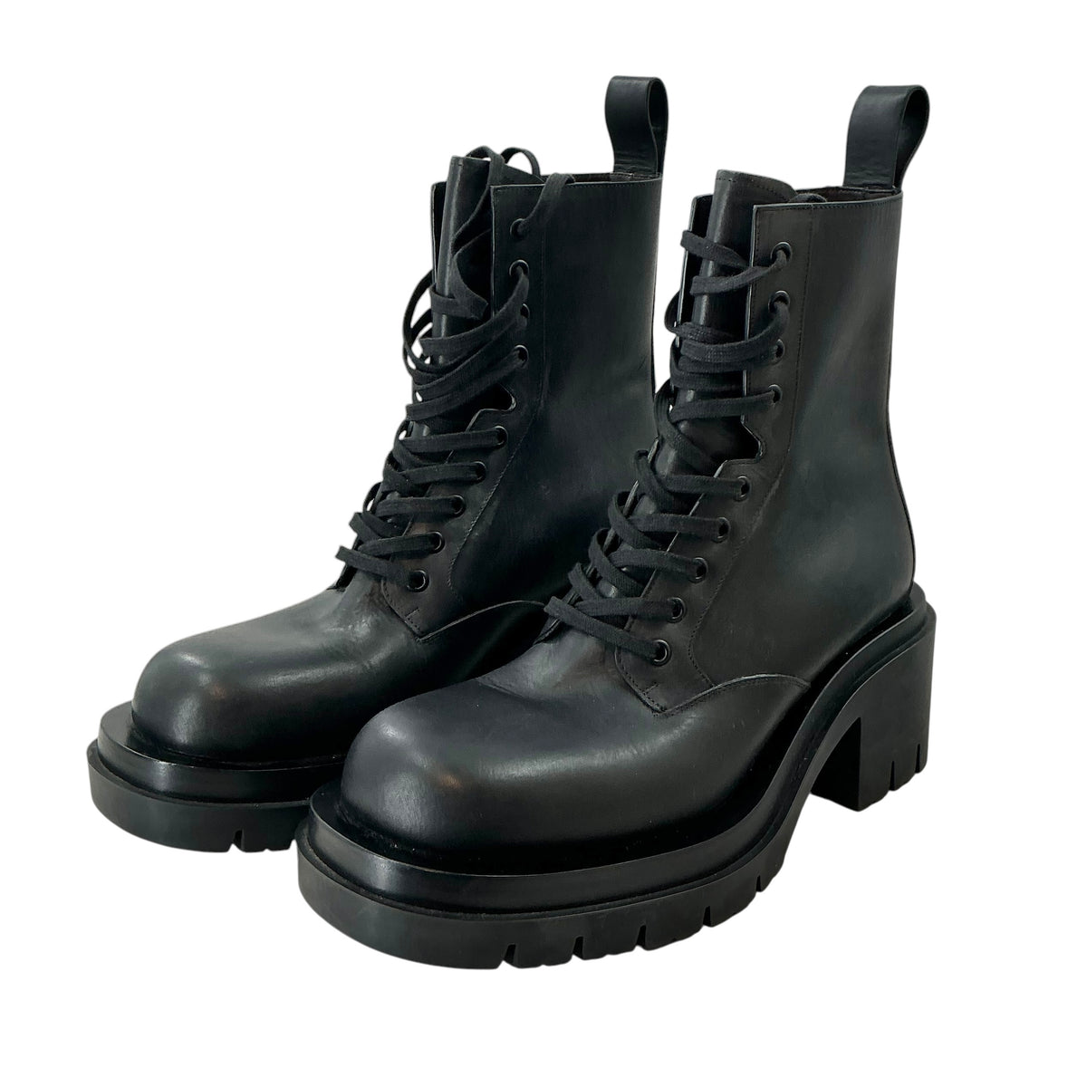 Bottega Veneta Black Leather Lug Heeled Lace-Up Combat Boots