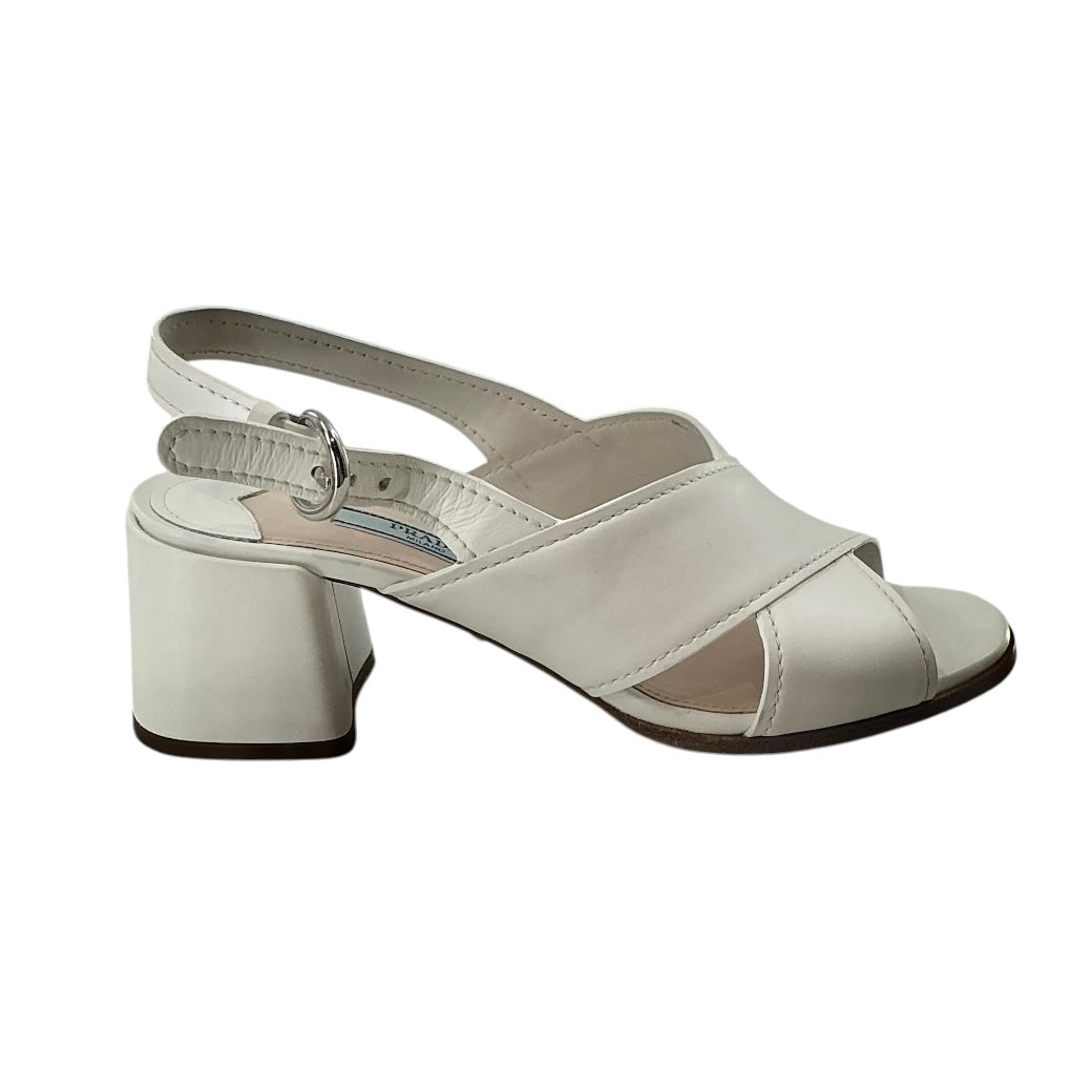 Prada White Leather Crisscross Block Heel Slingback Sandals