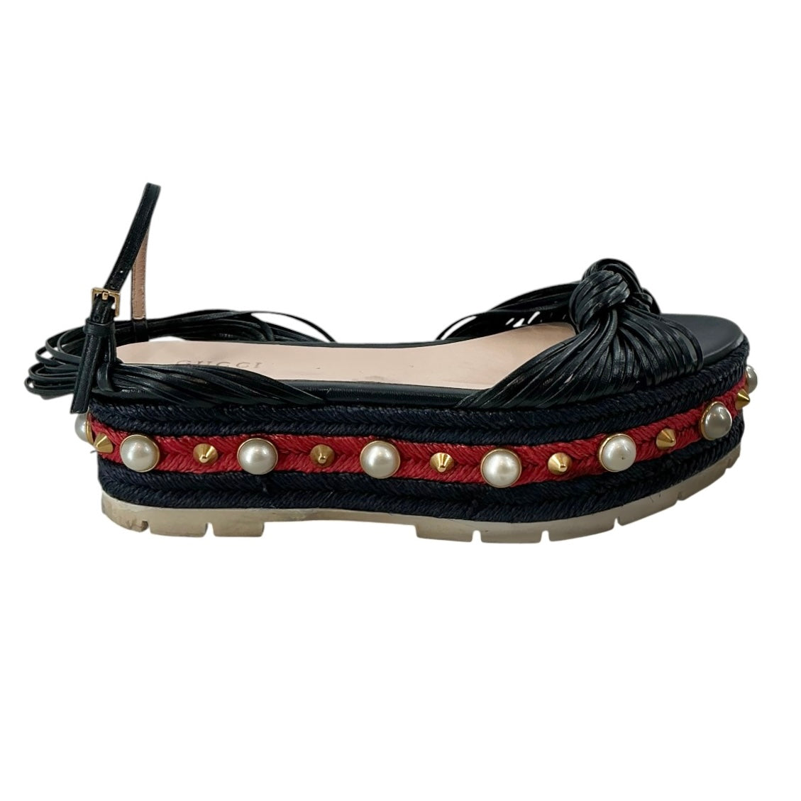 Gucci Barbette Navy Leather & Red Canvas Studded Platform Sandals