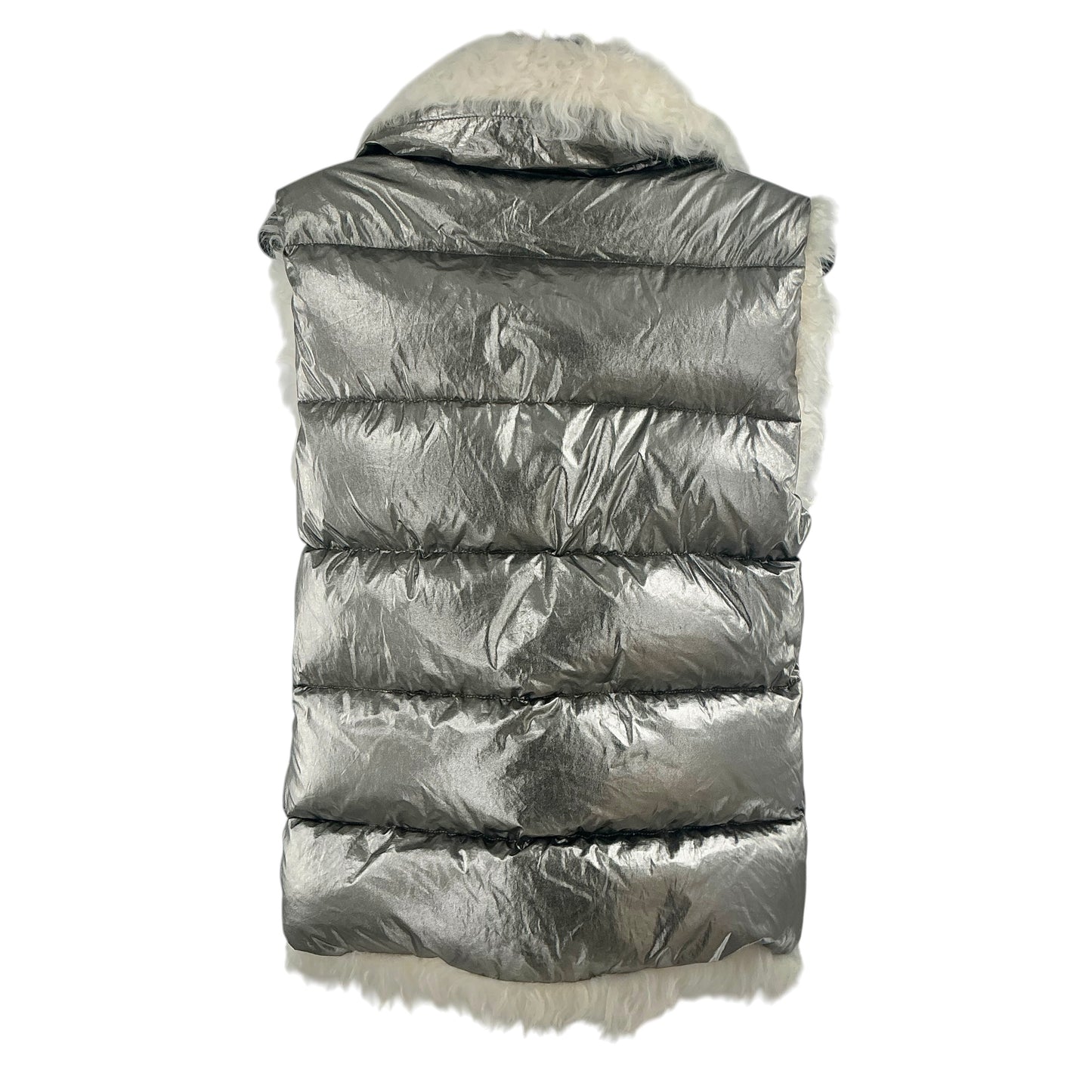 Moncler Kerria Metallic Silver Puffer Vest Down Gilet Shearling Trim