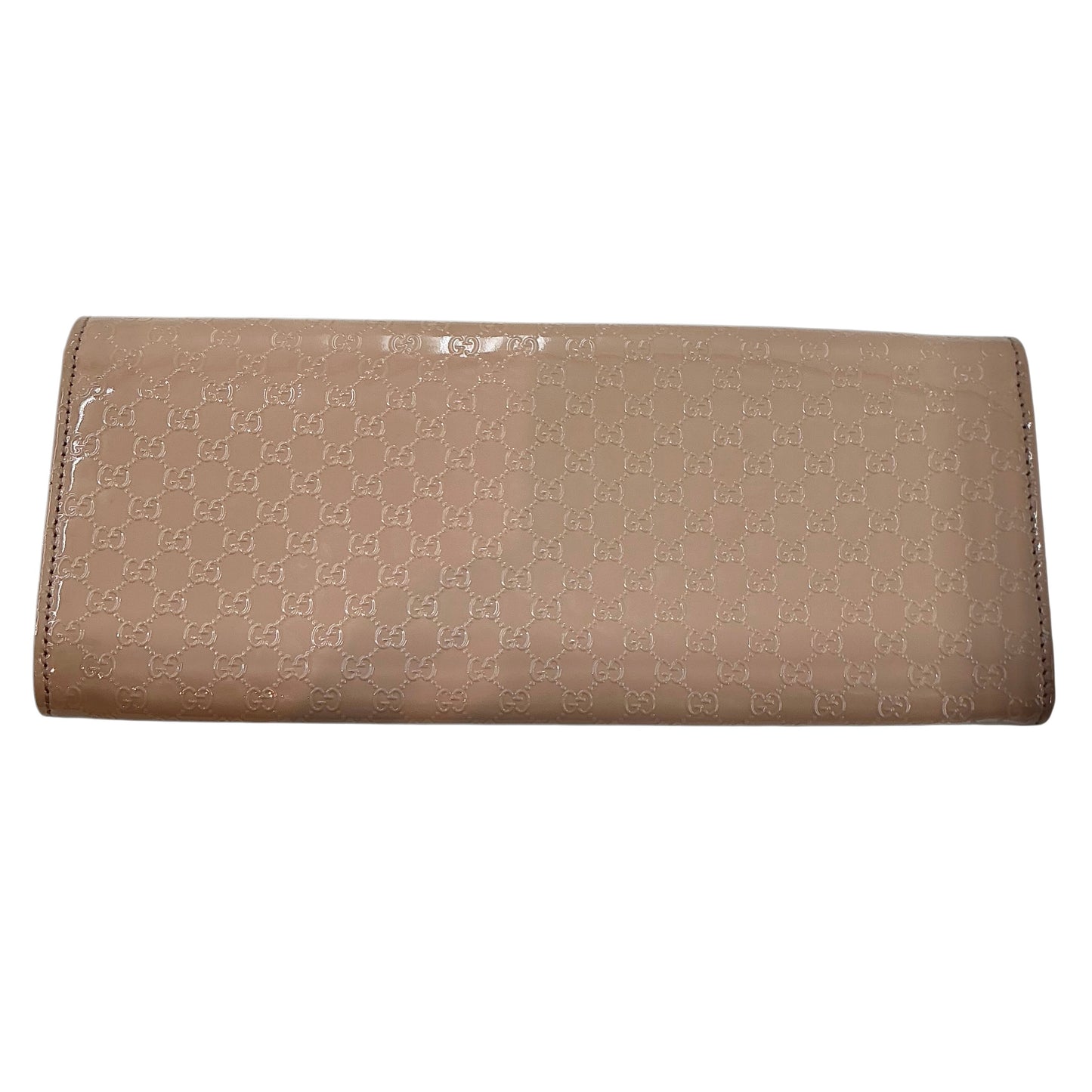 Gucci Beige Nude Micro GG Monogram Broadway Patent Leather Flap Clutch