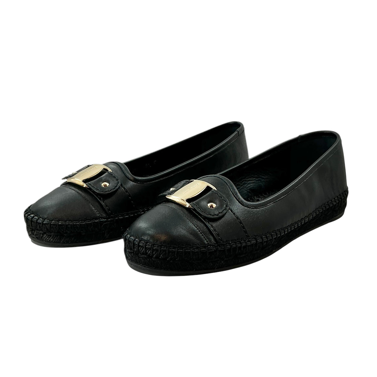 Ferragamo Kacy Black Leather Vara Buckle Espadrille Flats