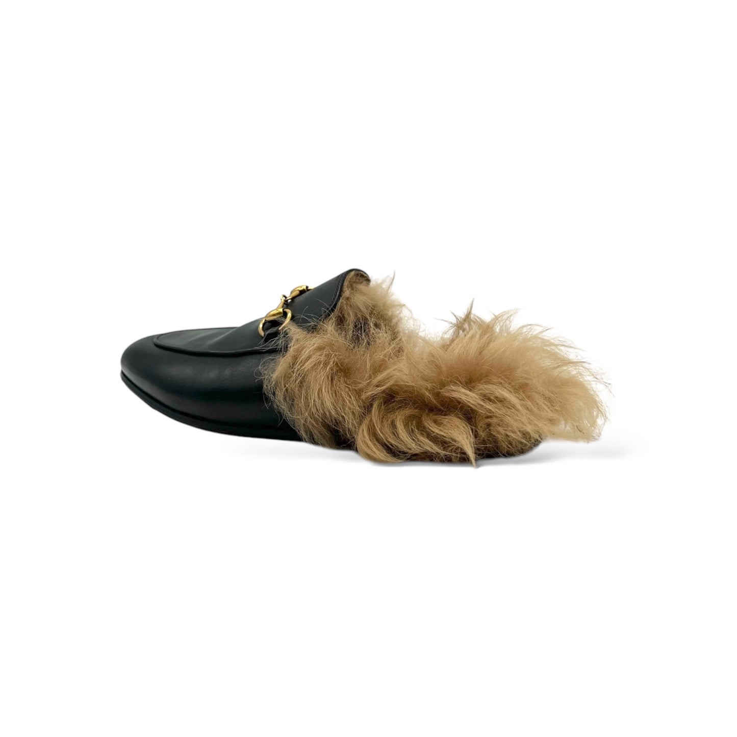 Gucci Black Leather Fur Horsebit Princetown Flat Mules