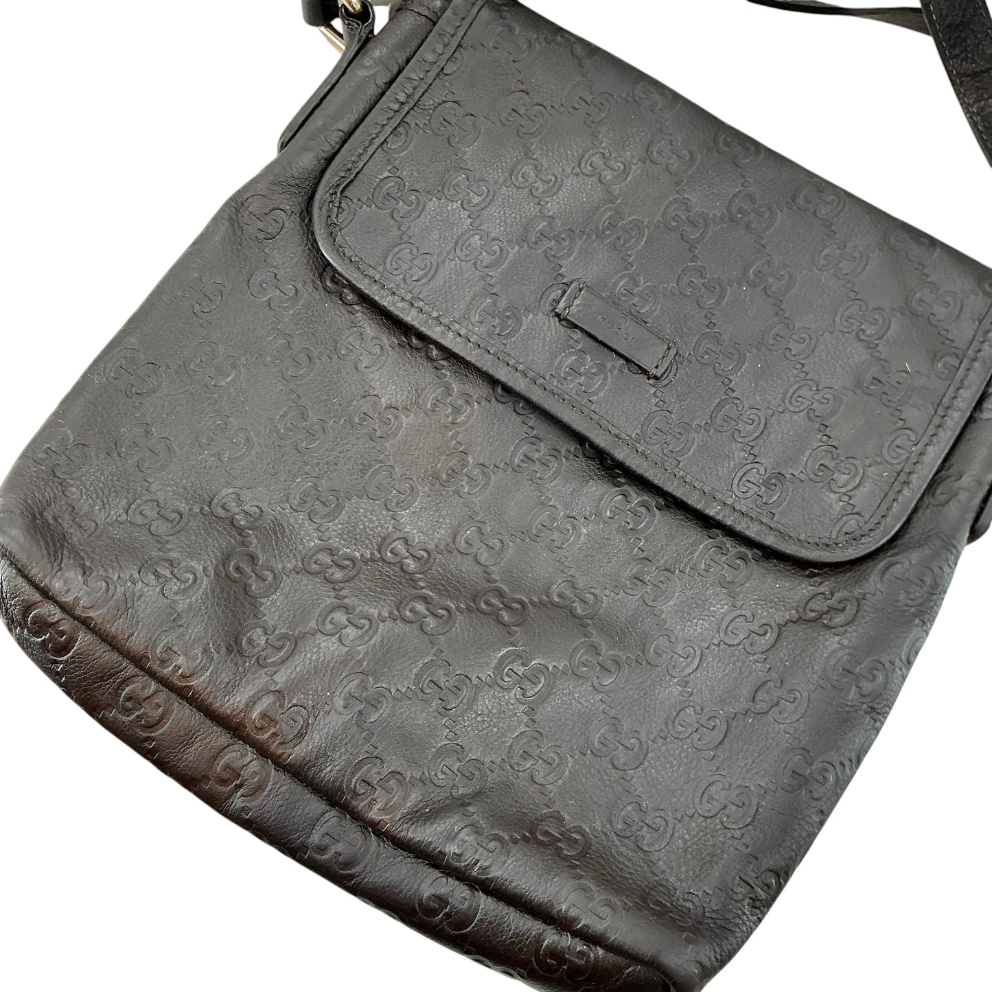 Gucci Dark Brown Guccissima Embossed Leather Flat Messenger Crossbody Bag