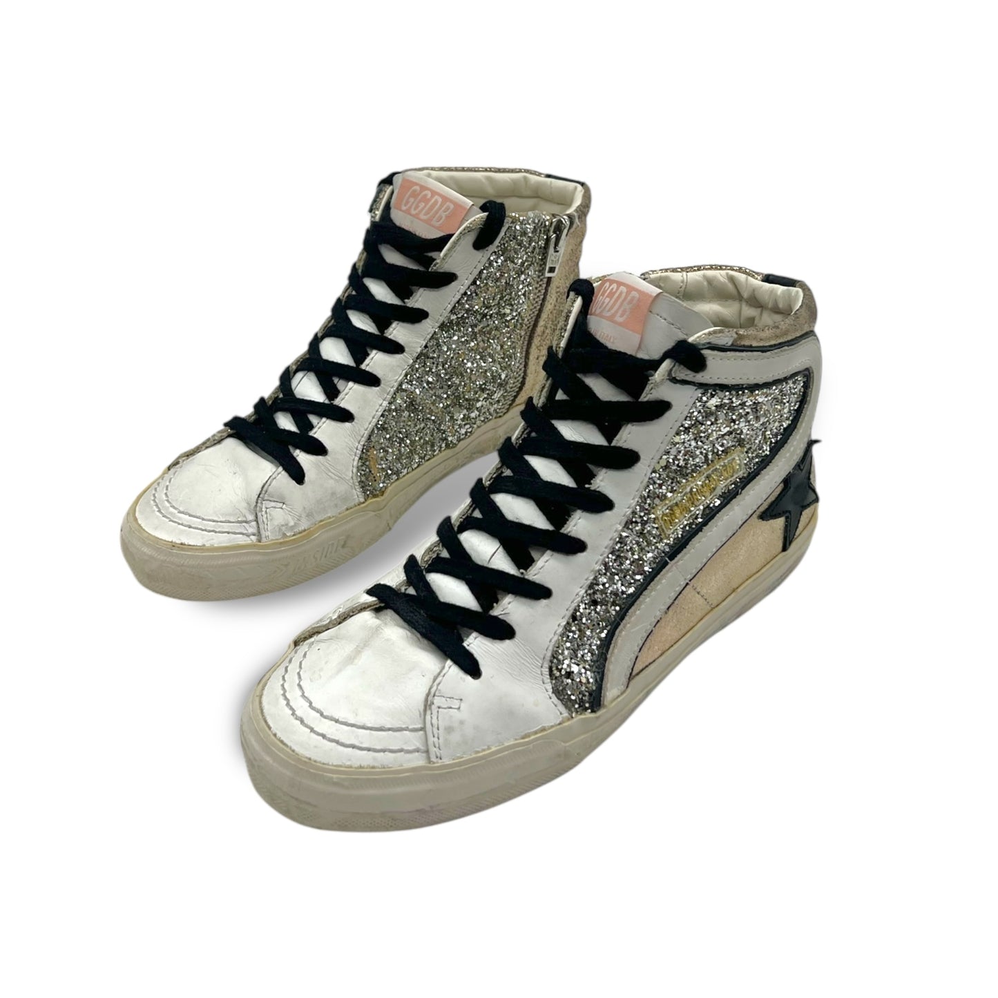 Golden Goose Slide Distressed Suede-Trimmed Leather and Lurex High-Top Women’s Sneakers