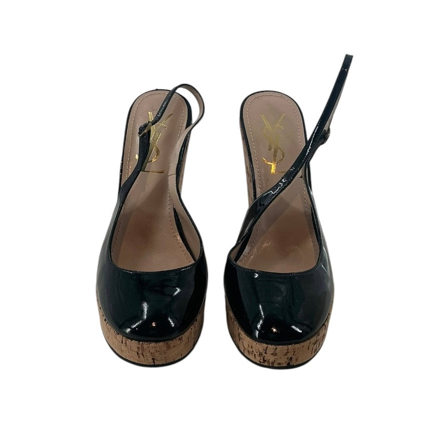 Yves Saint Laurent Black Patent Leather Slingback Cork Wedge Platforms