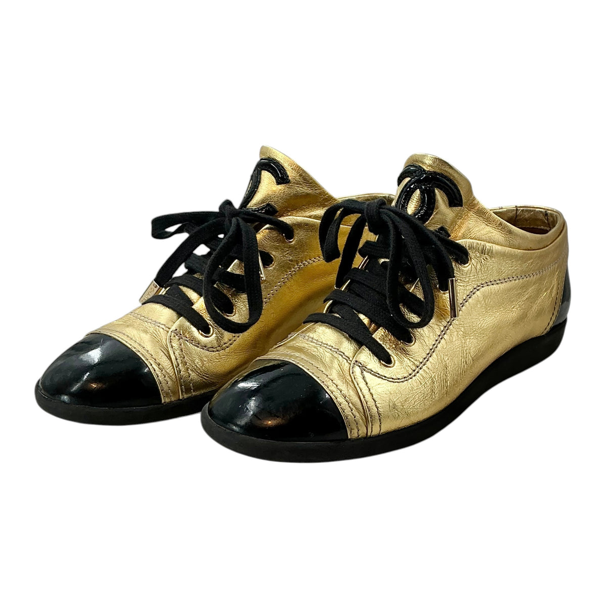 Chanel Vintage Gold Metallic Leather Black Patent Cap Toe Sneakers