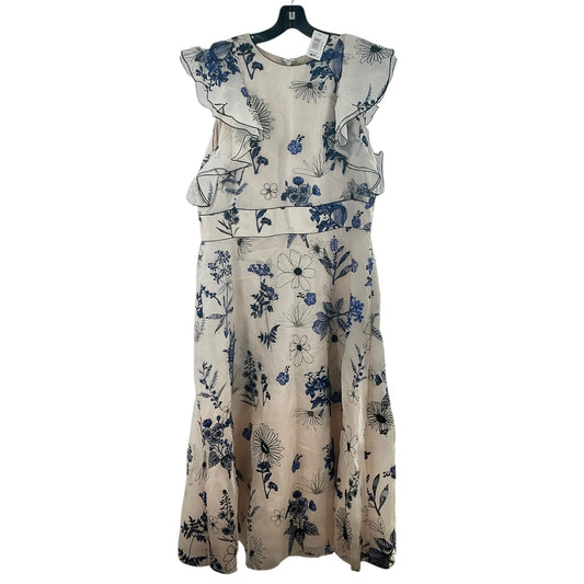 Lela Rose Blue Floral Flutter Sleeve Silk Midi Dress