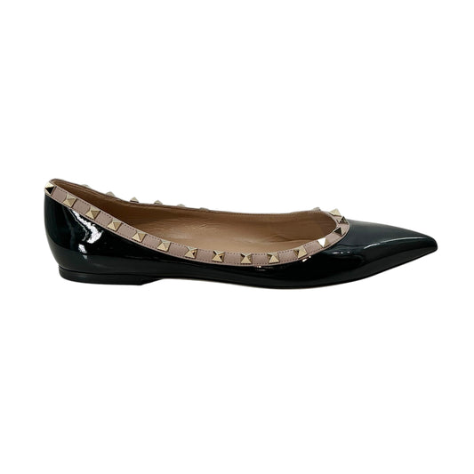 Valentino Garavani Rockstud Patent Leather Pointed Toe Ballet Flats Black Poudre