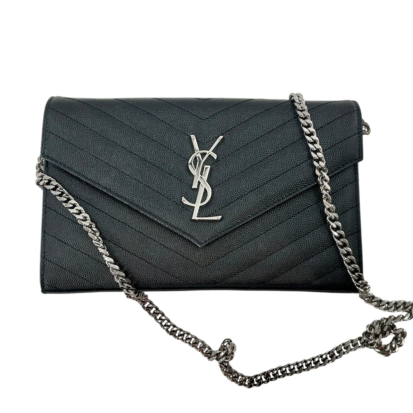 Saint Laurent Cassandre Matelassé Envelope Chain Wallet in Grain de Poudre Leather