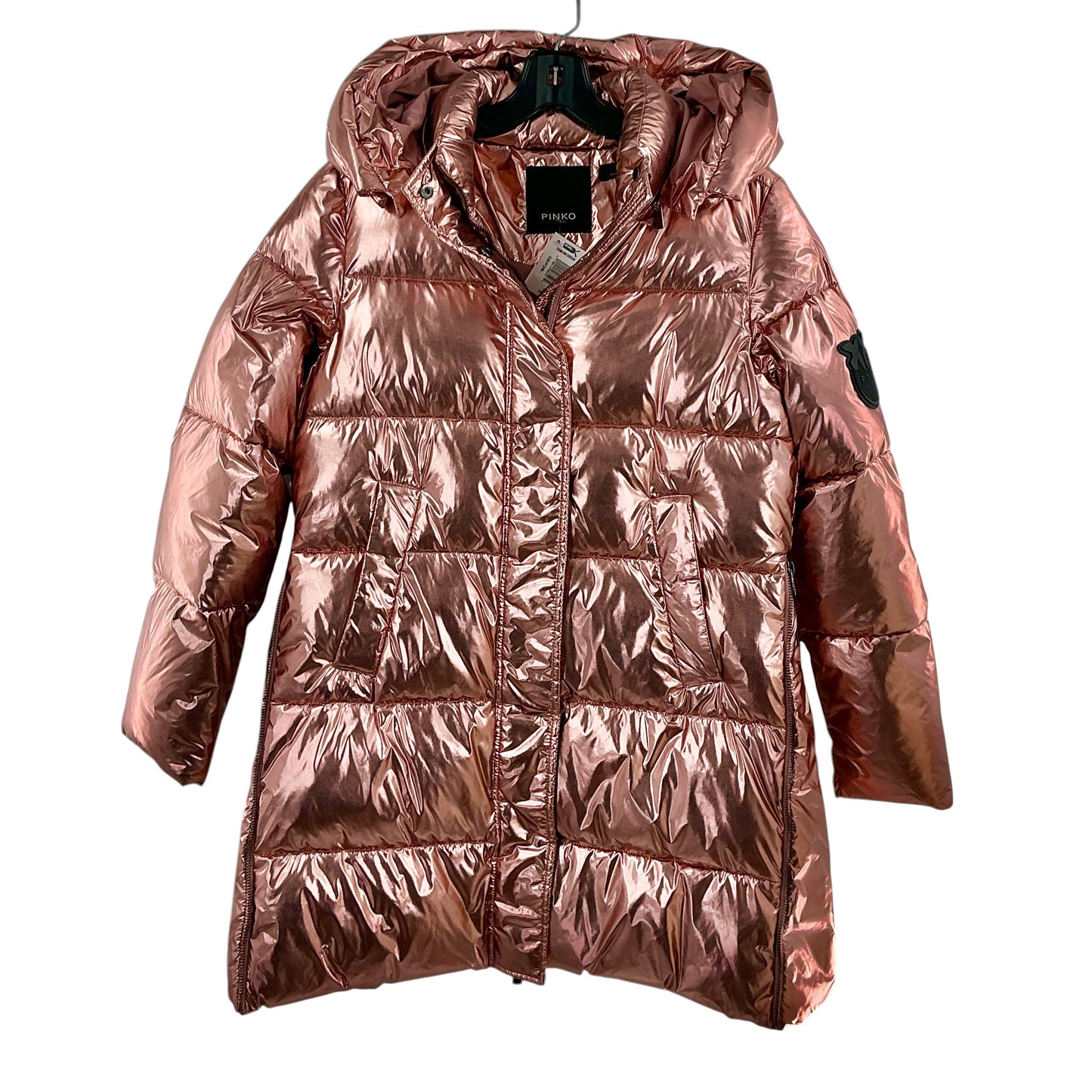 PINKO Metallic Rose Gold Longline Hooded Puffer Coat Jacket