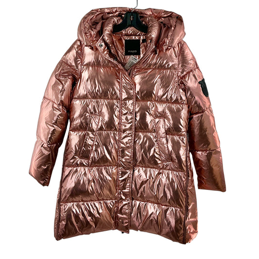 PINKO Metallic Rose Gold Longline Hooded Puffer Coat Jacket