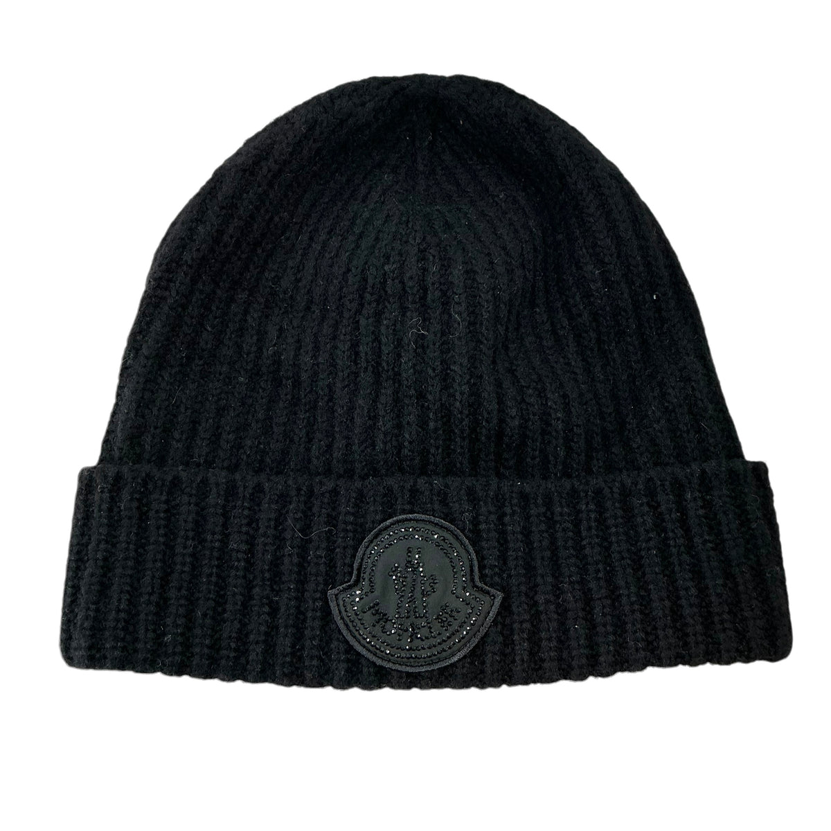 Moncler Tonal Logo Ribbed Knit Beanie Hat – Black