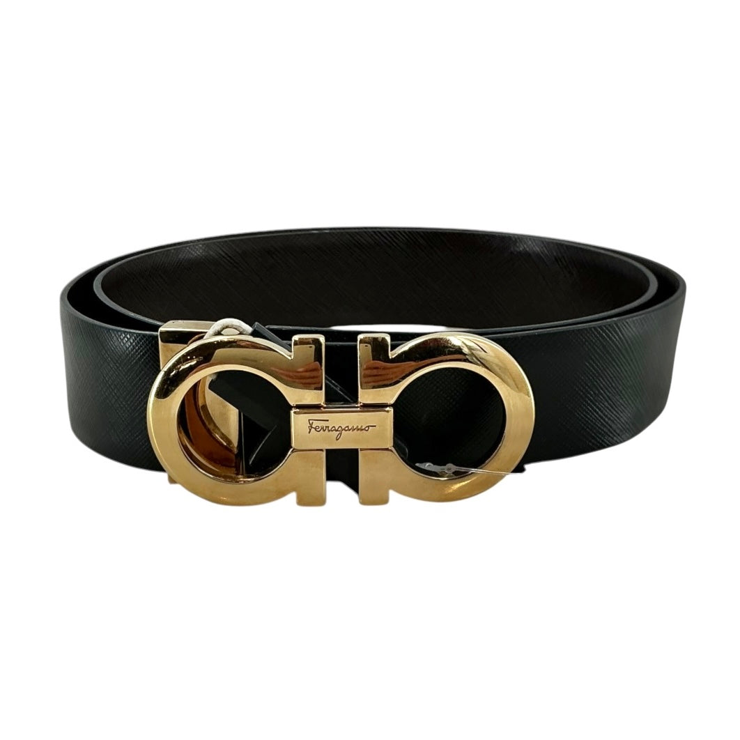 Salvatore Ferragamo Double Gancini Leather Belt – Black & Gold