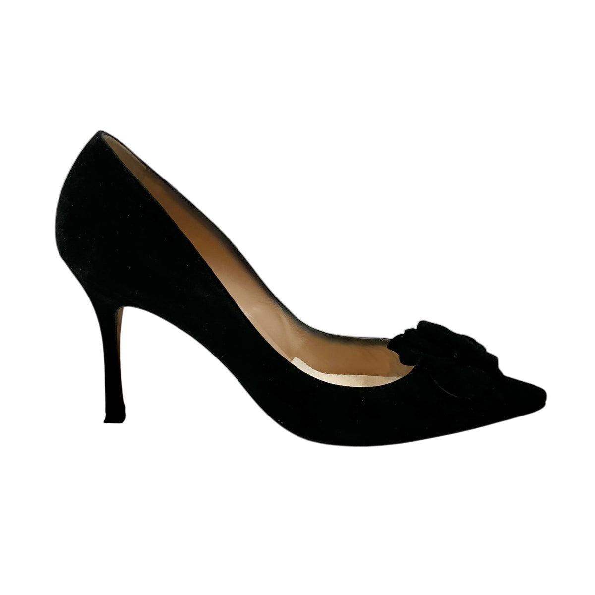 Manolo Blahnik Black Suede Lisa Flower Applique Pointed Toe Pumps