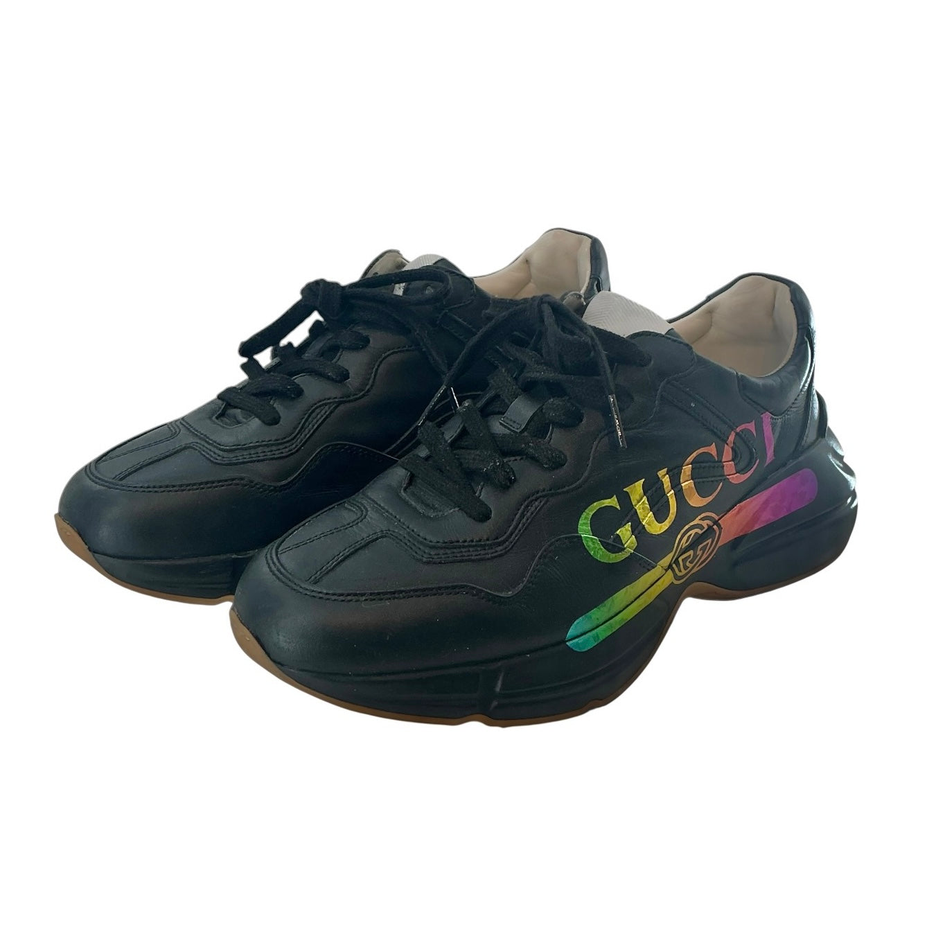 Gucci Rhyton Black Leather Rainbow Logo Sneakers